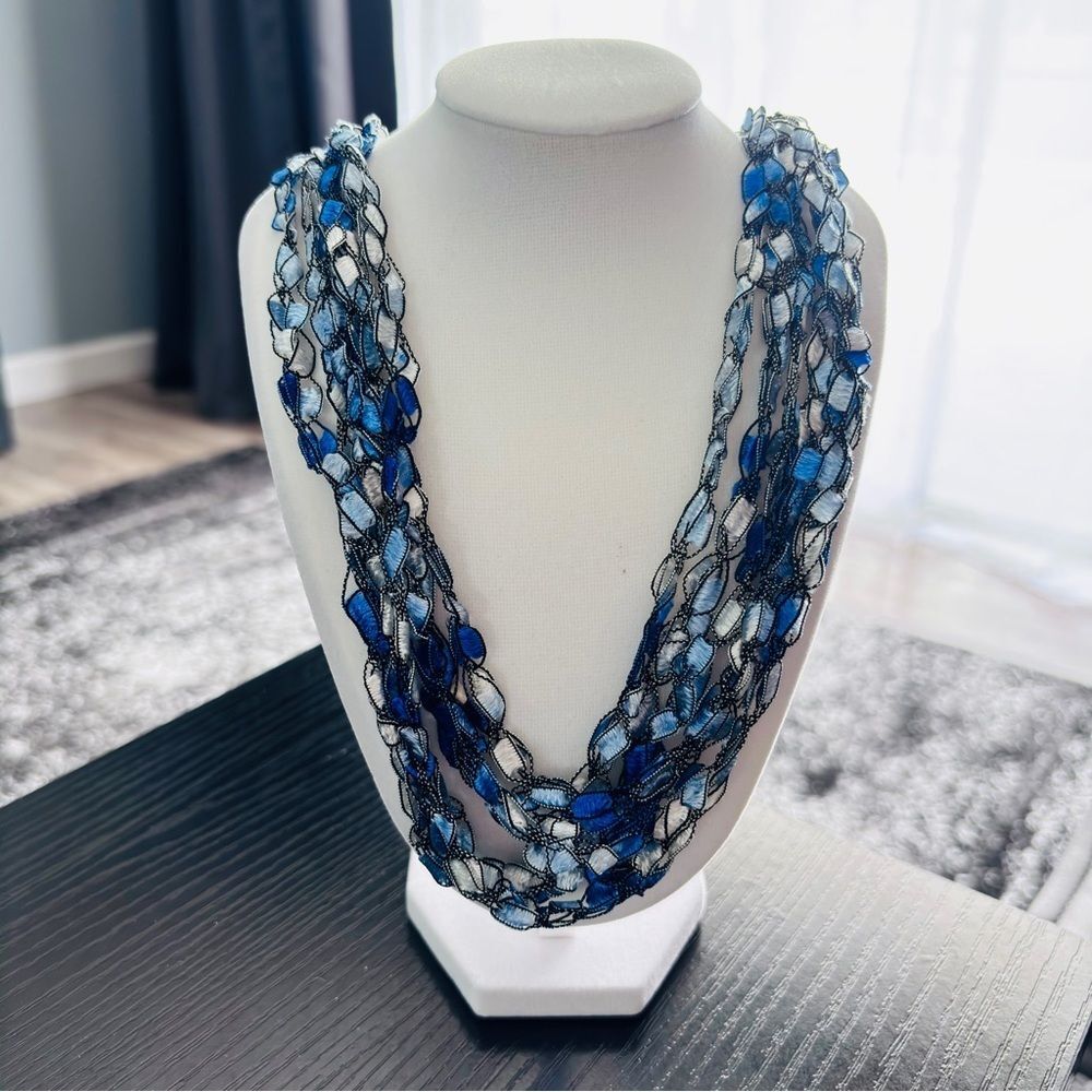 Blue Multi Strand Ribbon Necklace Lightweight Boho Collar